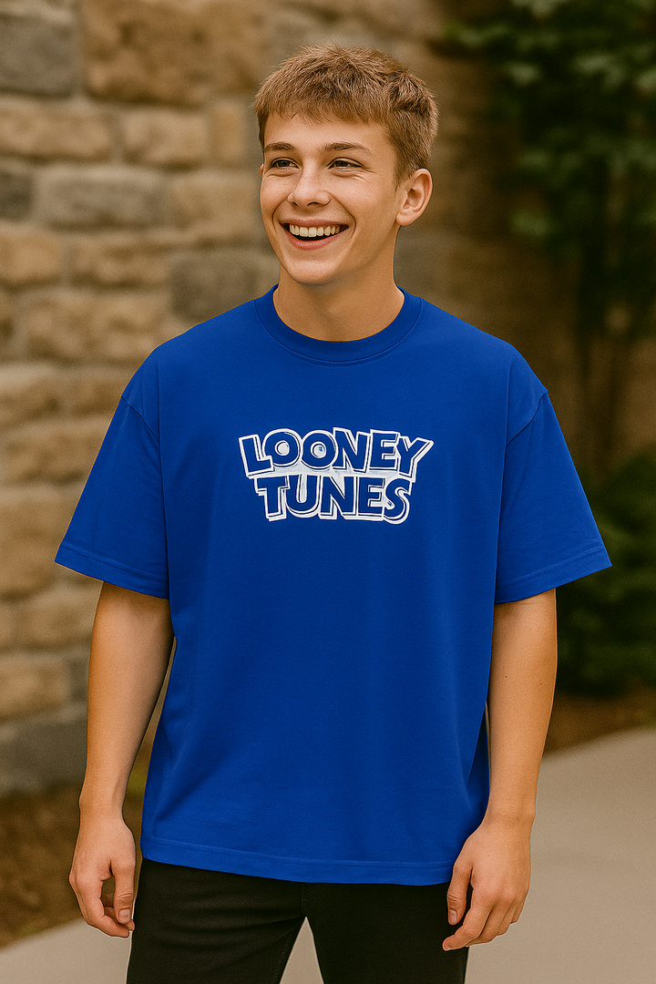 Oversized royal blue tee with Looney Tunes print – trendy unisex cartoon fashion by Kinsutra