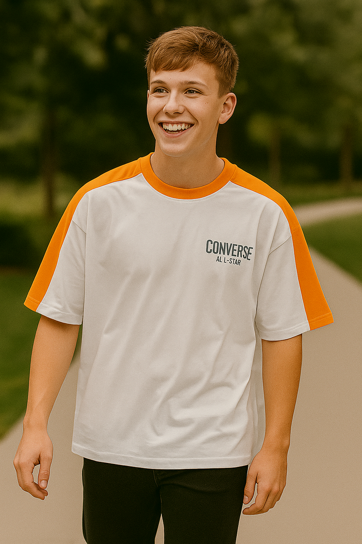 Oversized white & orange tee with bold print – unisex street fashion by Kinsutra India