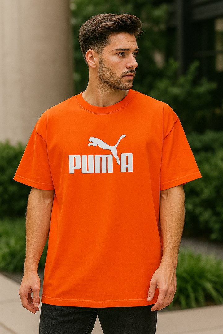 Printed orange oversized tee – stylish unisex fashion for youth by Kinsutra India