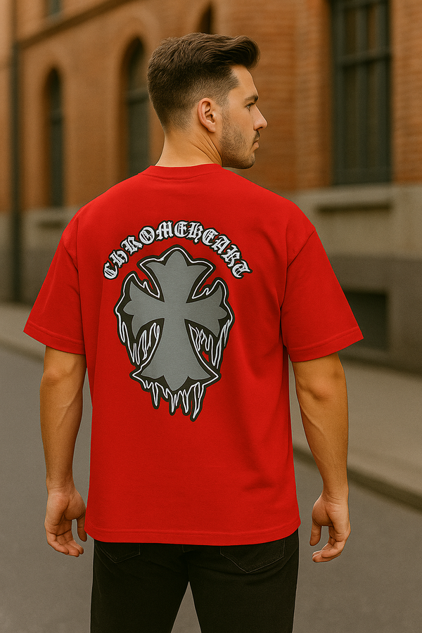 Unisex red oversized t-shirt with bold graphic print – trendy streetwear for all genders